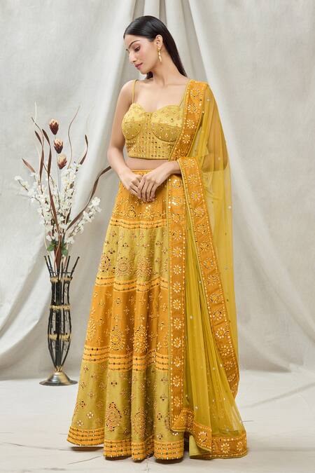 Vandana Sethi_Green Dupion Silk Floral, Geometric, Mirror Embroidered Bridal Lehenga Set_Online_at_Aza_Fashions