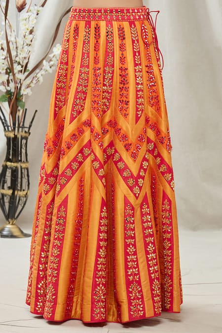 Shop_Vandana Sethi_Red Dupion Silk Chevron, Mirror V Neck Embroidered Bridal Lehenga Set_Online_at_Aza_Fashions