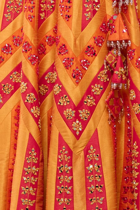 Vandana Sethi_Red Dupion Silk Chevron, Mirror V Neck Embroidered Bridal Lehenga Set_at_Aza_Fashions