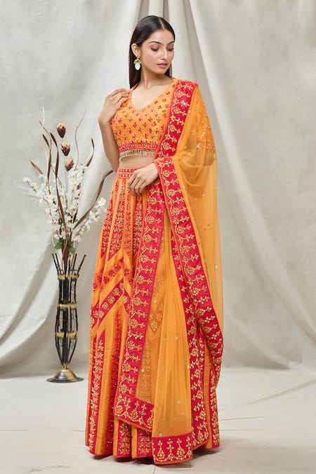 Vandana Sethi_Red Dupion Silk Chevron, Mirror V Neck Embroidered Bridal Lehenga Set_Online_at_Aza_Fashions