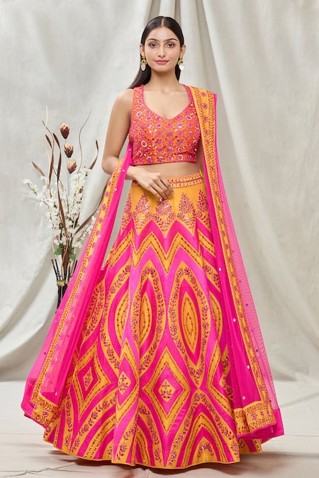 Buy Yellow Dupion Silk Embroidered Mirror V Neck Floral Lehenga Set For