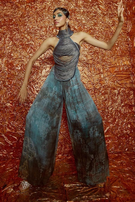 Nirmooha_Grey Velvet, Chiffon, Lurex High Collar Printed Pant And Bustier Set_Online_at_Aza_Fashions