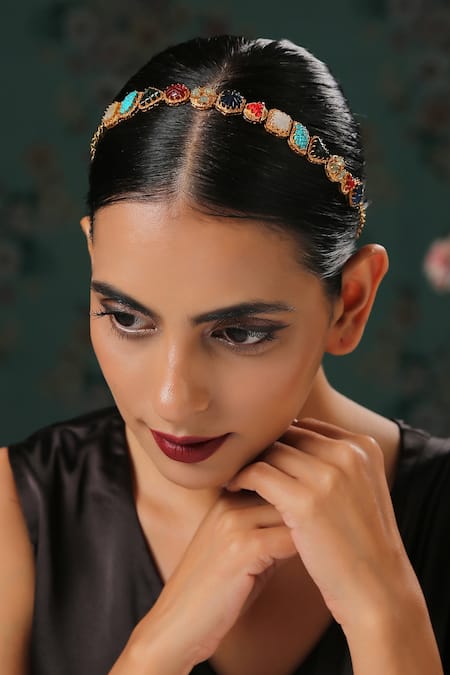 Paisley Pop_Multi Color Stone Gold Plated Headband _Online_at_Aza_Fashions