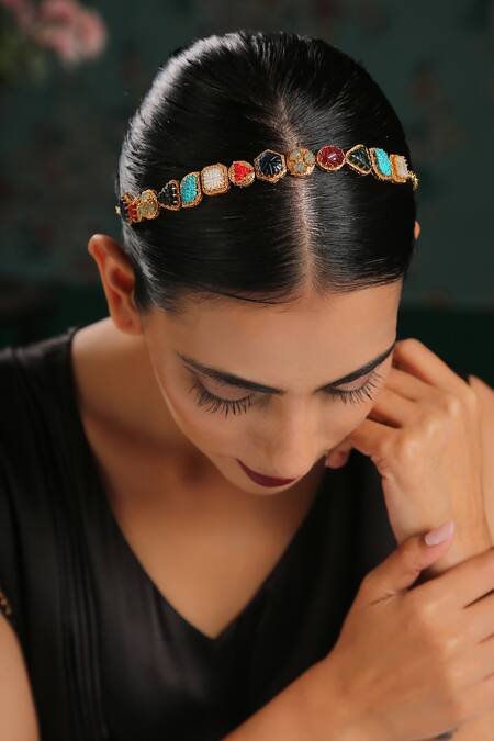 Shop_Paisley Pop_Multi Color Stone Gold Plated Headband _Online_at_Aza_Fashions