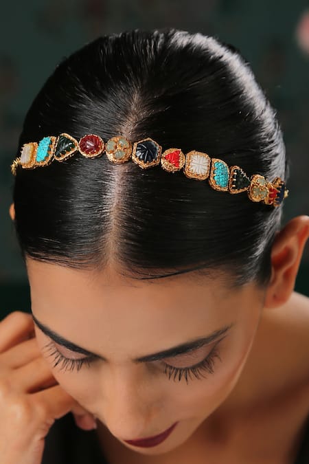 Paisley Pop_Multi Color Stone Gold Plated Headband _at_Aza_Fashions