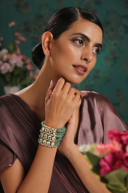Paisley Pop_Green Kundan And Beads Bracelet _Online_at_Aza_Fashions
