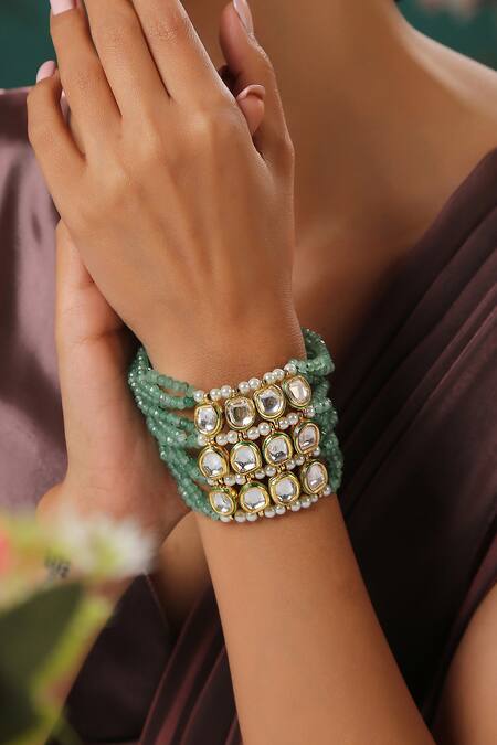 Paisley Pop_Green Kundan And Beads Bracelet _at_Aza_Fashions