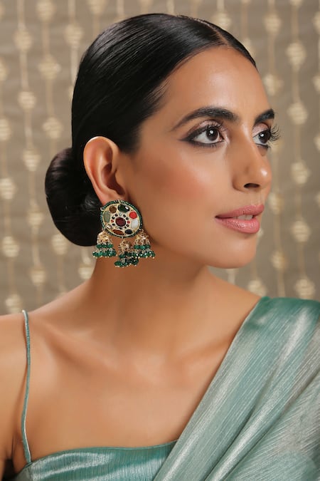 Buy_Paisley Pop_Gold Plated Stone And Beads Green Navrattan Kundan Earrings  _Online_at_Aza_Fashions
