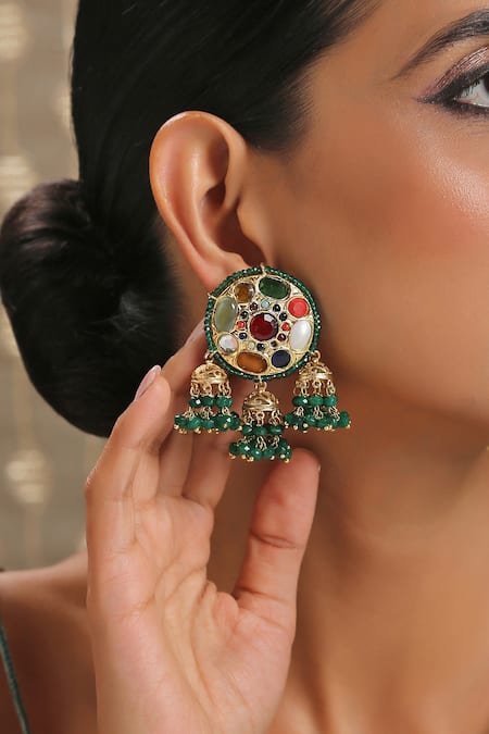 Paisley Pop_Gold Plated Stone And Beads Green Navrattan Kundan Earrings  _at_Aza_Fashions