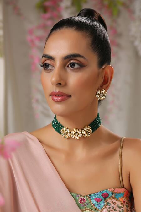 Paisley Pop_Gold Plated Diamonds, Beads Green Kundan Necklace Set _Online_at_Aza_Fashions