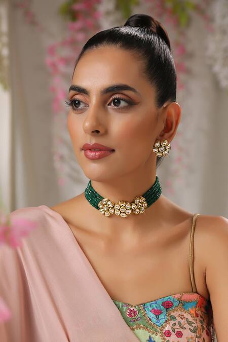 Shop_Paisley Pop_Gold Plated Diamonds, Beads Green Kundan Necklace Set _Online_at_Aza_Fashions