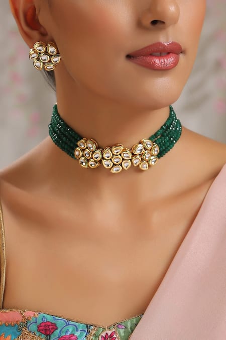 Buy Gold Plated Kundan And Beads Green Necklace Set by Paisley Pop Online  at Aza Fashions.