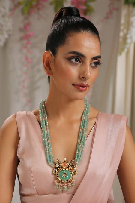 Shop Paisley Pop Gold Plated Stone And Beads Kundan Long Necklace Online at Aza Fashions Shop_Paisley Pop_Gold Plated Stone And Beads Kundan Long Necklace _Online_at_Aza_Fashions