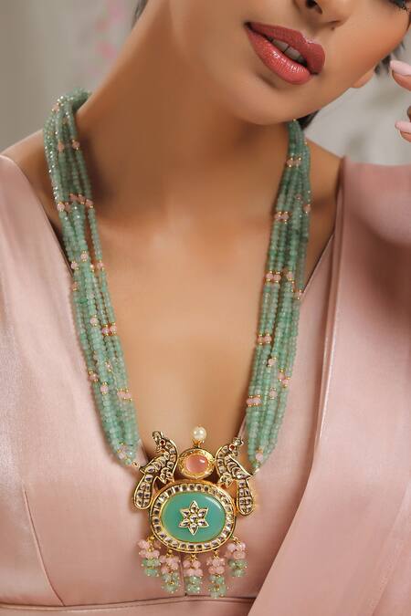 Paisley Pop Gold Plated Stone And Beads Kundan Long Necklace at Aza Fashions Paisley Pop_Gold Plated Stone And Beads Kundan Long Necklace _at_Aza_Fashions