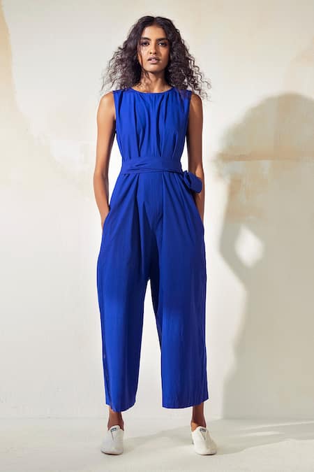 Buy Blue Poplin Solid Round Front Tie-up Jumpsuit For Women by ...