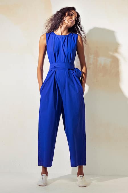 Kharakapas_Blue Poplin Round Front Tie-up Jumpsuit _Online_at_Aza_Fashions
