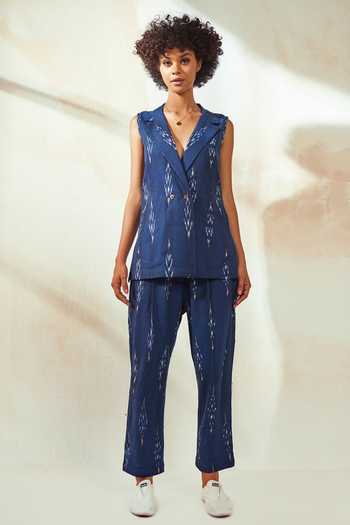 Kharakapas_Blue Cotton Ikat Notched Lapel Marine Jacket And Pant Set_Online_at_Aza_Fashions