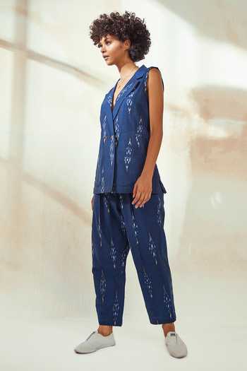 Buy_Kharakapas_Blue Cotton Ikat Notched Lapel Marine Jacket And Pant Set_Online_at_Aza_Fashions