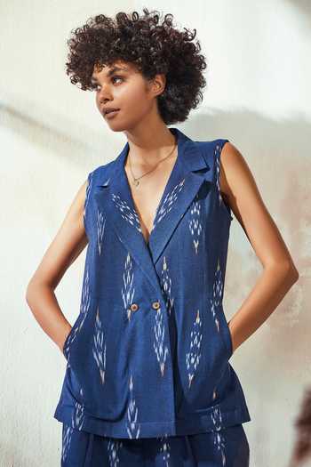 Shop_Kharakapas_Blue Cotton Ikat Notched Lapel Marine Jacket And Pant Set_Online_at_Aza_Fashions