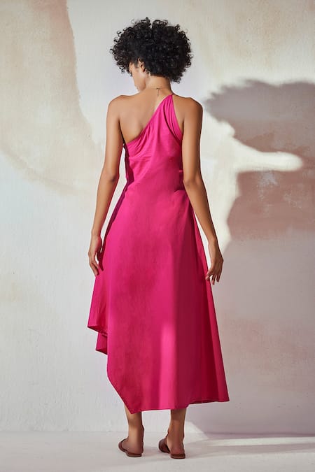 Shop Kharakapas Pink Poplin One Shoulder Draped Dress at Aza Fashions Shop_Kharakapas_Pink Poplin One Shoulder Draped Dress _at_Aza_Fashions