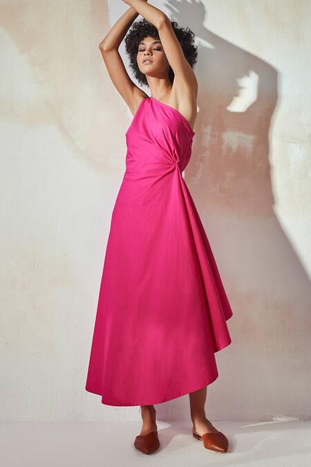Kharakapas Pink Poplin One Shoulder Draped Dress Online at Aza Fashions Kharakapas_Pink Poplin One Shoulder Draped Dress _Online_at_Aza_Fashions