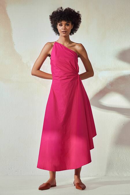 Buy Kharakapas Pink Poplin One Shoulder Draped Dress Online at Aza Fashions Buy_Kharakapas_Pink Poplin One Shoulder Draped Dress _Online_at_Aza_Fashions