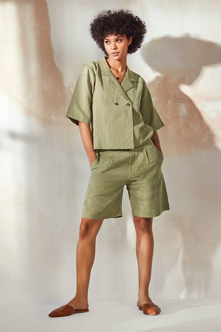 Kharakapas_Green Linen Notched Lapel Collar Shirt And Bermuda Shorts Set_Online_at_Aza_Fashions
