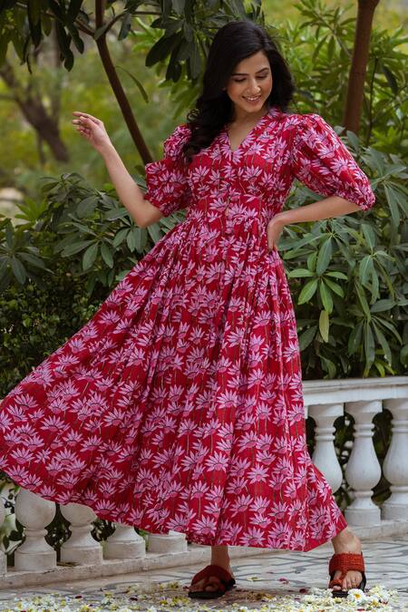 Rivaaj Clothing_Red Cotton Sunflower Print Dress_Online_at_Aza_Fashions