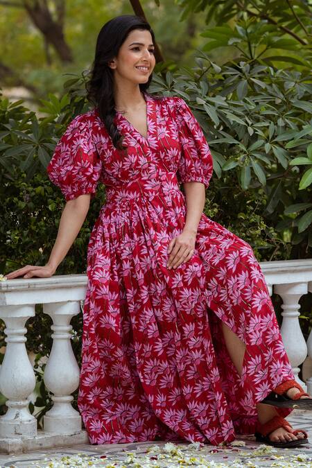 Buy_Rivaaj Clothing_Red Cotton Sunflower Print Dress_Online_at_Aza_Fashions