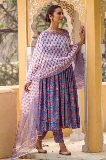 Rivaaj Clothing_Blue Cotton Hand Block Print Anarkali Set_Online_at_Aza_Fashions