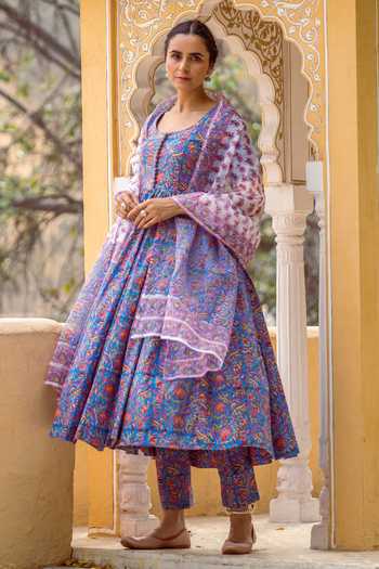Buy_Rivaaj Clothing_Blue Cotton Hand Block Print Anarkali Set_Online_at_Aza_Fashions