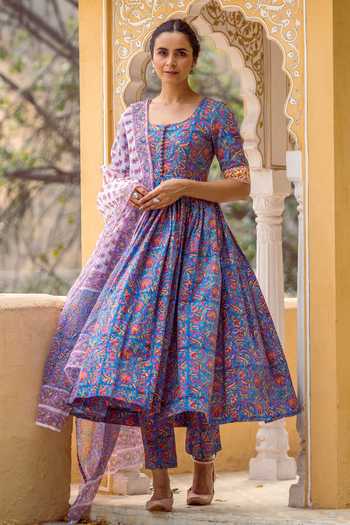 Shop_Rivaaj Clothing_Blue Cotton Hand Block Print Anarkali Set_Online_at_Aza_Fashions