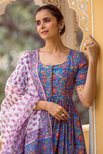 Rivaaj Clothing_Blue Cotton Hand Block Print Anarkali Set_at_Aza_Fashions