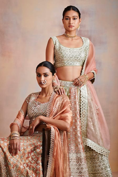 SUHINO Orange Tissue Mirror , Zari Jewel Neck Bridal Lehenga Set Online at Aza Fashions SUHINO_Orange Tissue Mirror , Zari Jewel Neck Bridal Lehenga Set _Online_at_Aza_Fashions