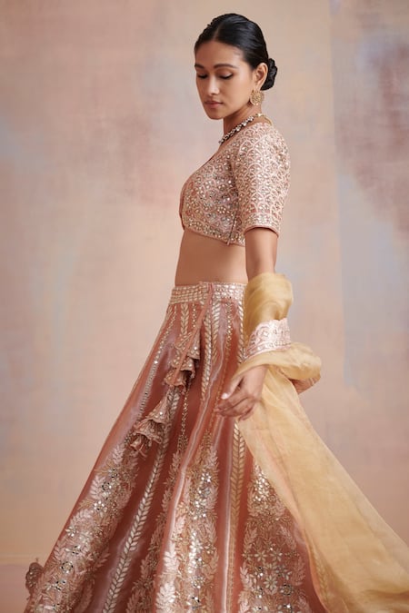 Buy SUHINO Orange Organza, Tissue Mirror , Zari Leaf Neck Bridal Lehenga Set Online at Aza Fashions Buy_SUHINO_Orange Organza, Tissue Mirror , Zari Leaf Neck Bridal Lehenga Set _Online_at_Aza_Fashions