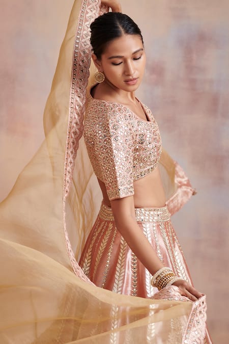 Shop SUHINO Orange Organza, Tissue Mirror , Zari Leaf Neck Bridal Lehenga Set Online at Aza Fashions Shop_SUHINO_Orange Organza, Tissue Mirror , Zari Leaf Neck Bridal Lehenga Set _Online_at_Aza_Fashions