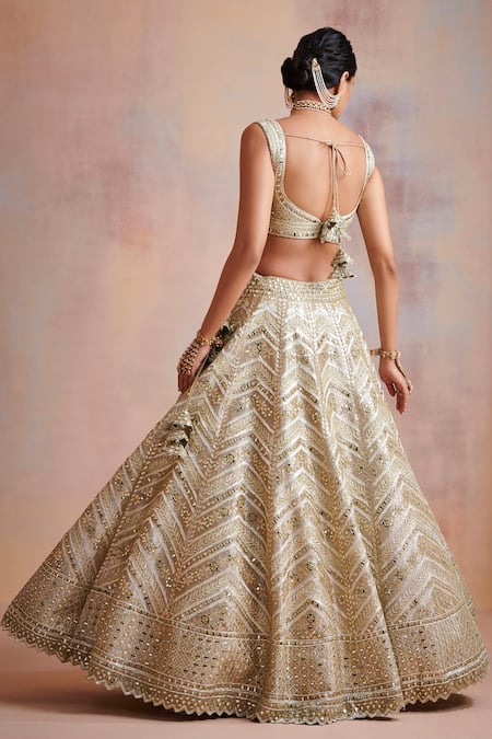 Shop_Suhino_White Tissue Embroidered Resham Work Leaf Neck Mirror Bridal Lehenga Set _at_Aza_Fashions