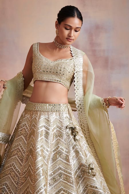 Buy_Suhino_White Tissue Embroidered Resham Work Leaf Neck Mirror Bridal Lehenga Set _Online_at_Aza_Fashions