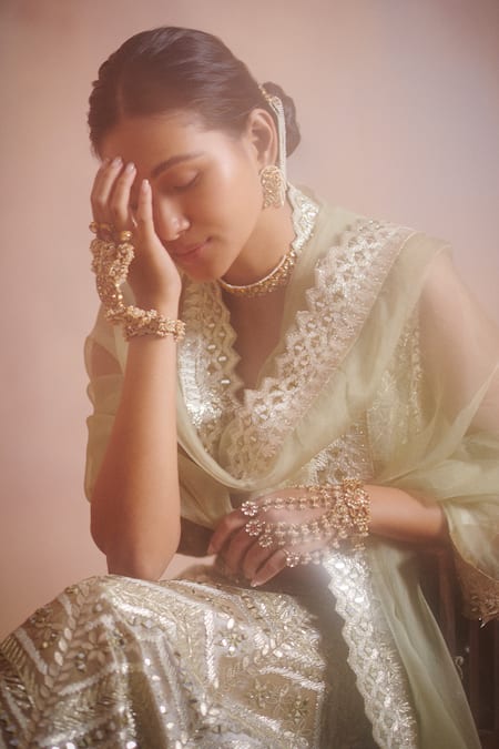 Shop_Suhino_White Tissue Embroidered Resham Work Leaf Neck Mirror Bridal Lehenga Set _Online_at_Aza_Fashions