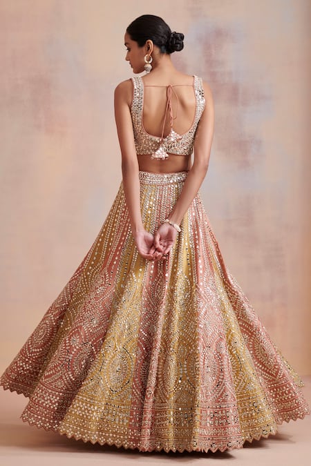 Shop SUHINO Orange Tissue, Slub Silk Mirror , Zari Leaf Neck Bridal Lehenga Set at Aza Fashions Shop_SUHINO_Orange Tissue, Slub Silk Mirror , Zari Leaf Neck Bridal Lehenga Set _at_Aza_Fashions