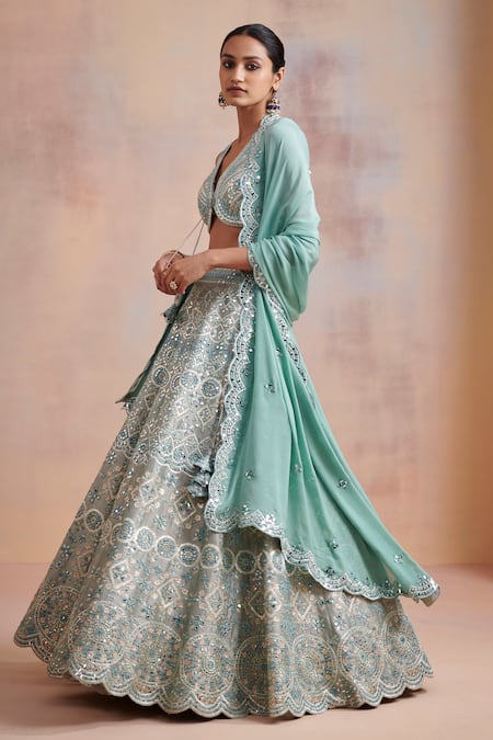 SUHINO_Blue Slub Silk, Dupatta Chinnon Mirror , Resham V Bridal Lehenga Set _Online_at_Aza_Fashions