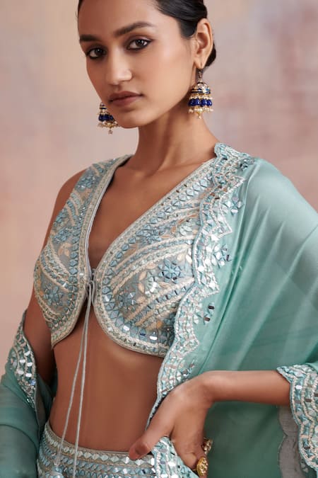 Buy_SUHINO_Blue Slub Silk, Dupatta Chinnon Mirror , Resham V Bridal Lehenga Set _Online_at_Aza_Fashions