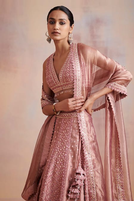 SUHINO_Pink Tissue, Slub Silk Mirror , Resham V Neck Bridal Lehenga Set _Online_at_Aza_Fashions
