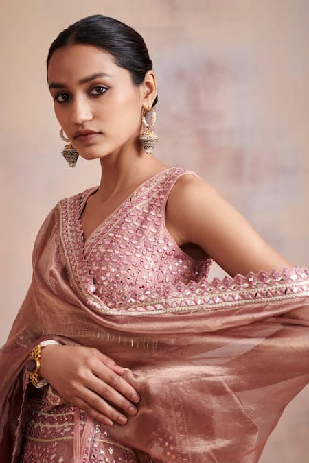 Buy_SUHINO_Pink Tissue, Slub Silk Mirror , Resham V Neck Bridal Lehenga Set _Online_at_Aza_Fashions