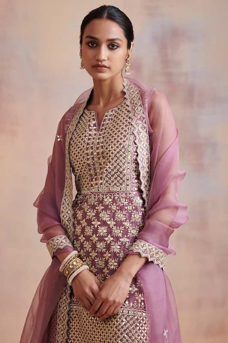 SUHINO Purple Organza, Georgette, Slub Silk Mirror , Zari Kurta Gharara Set Online at Aza Fashions SUHINO_Purple Organza, Georgette, Slub Silk Mirror , Zari Kurta Gharara Set _Online_at_Aza_Fashions