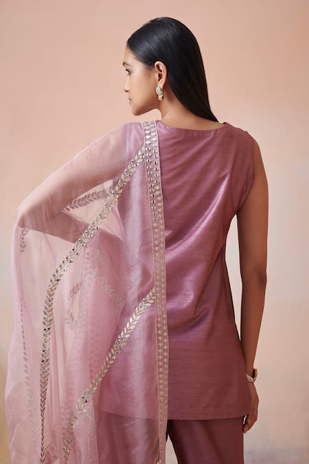 Shop_Suhino_Purple Organza, Slub Silk Mirror , Zari Round Notched Kurta Set _at_Aza_Fashions