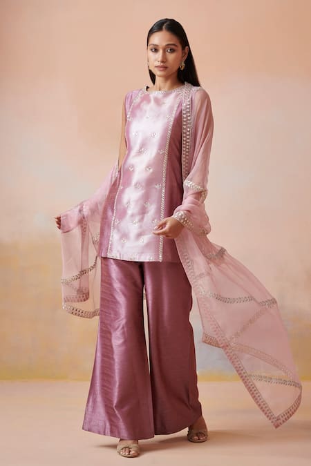 Suhino_Purple Organza, Slub Silk Mirror , Zari Round Notched Kurta Set _Online_at_Aza_Fashions