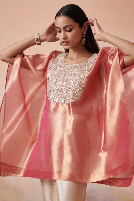 SUHINO_Orange Tissue, Slub Silk Mirror , Zari Floral Embroidered Kaftan Set _Online_at_Aza_Fashions