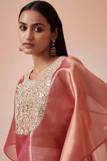 Buy_SUHINO_Orange Tissue, Slub Silk Mirror , Zari Floral Embroidered Kaftan Set _Online_at_Aza_Fashions