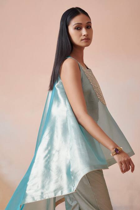 SUHINO_Blue Tissue, Slub Silk Mirror , Zari Round Embroidered Tunic Pant Set _Online_at_Aza_Fashions